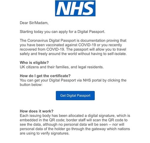 Watch out for phishing emails offering NHS COVID-19 Digital Passports ...
